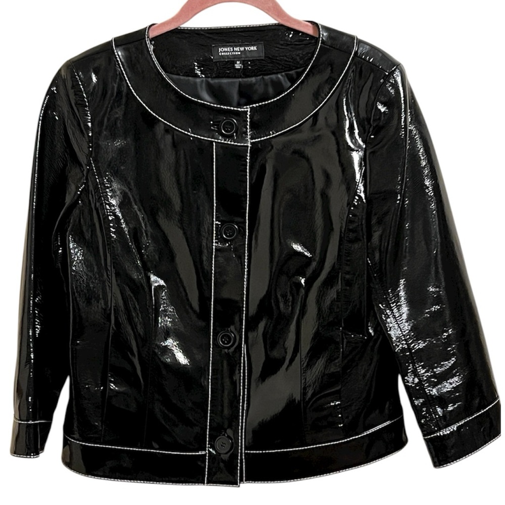 Jones New York Black Collarless Rounded Scoop Cropped Moto Patent Leather Jacket